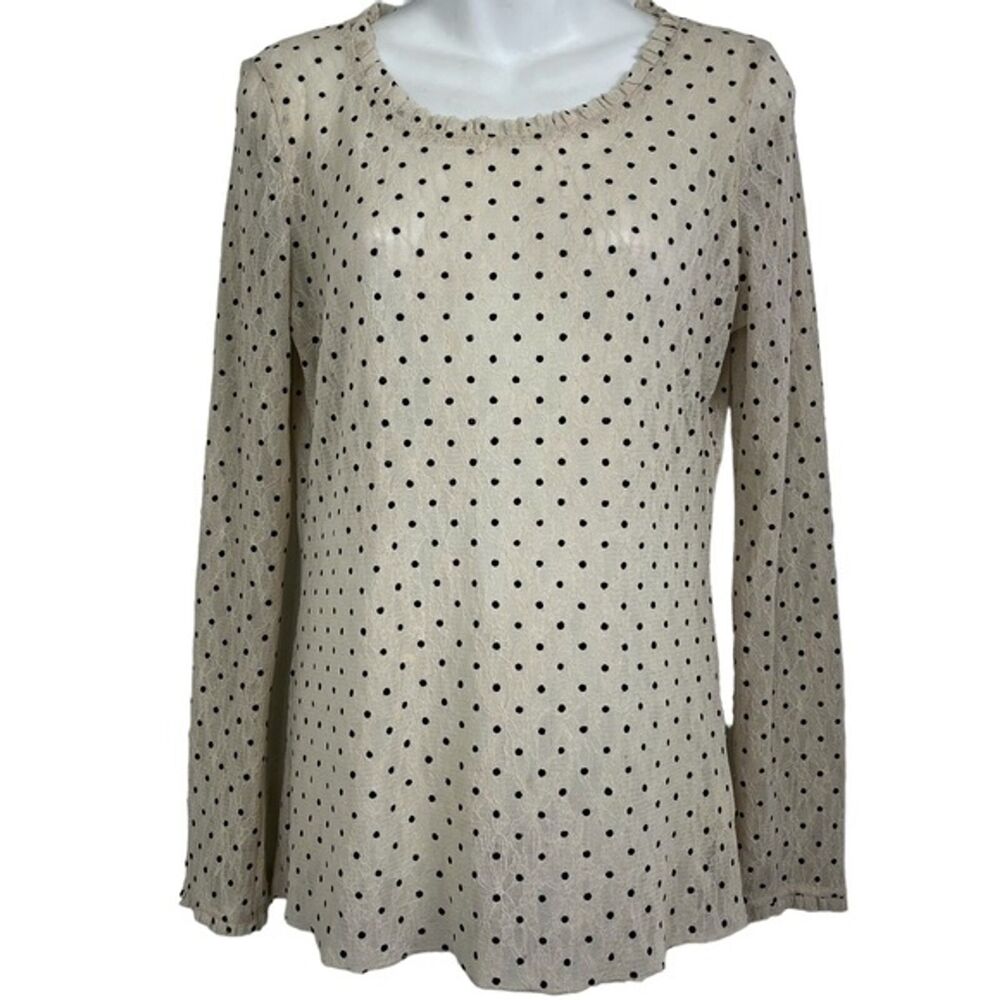 MYSTREE Sheer Ivory Black Polka Dot Lace Long Sleeve Top Pullover Ruffle Trim M